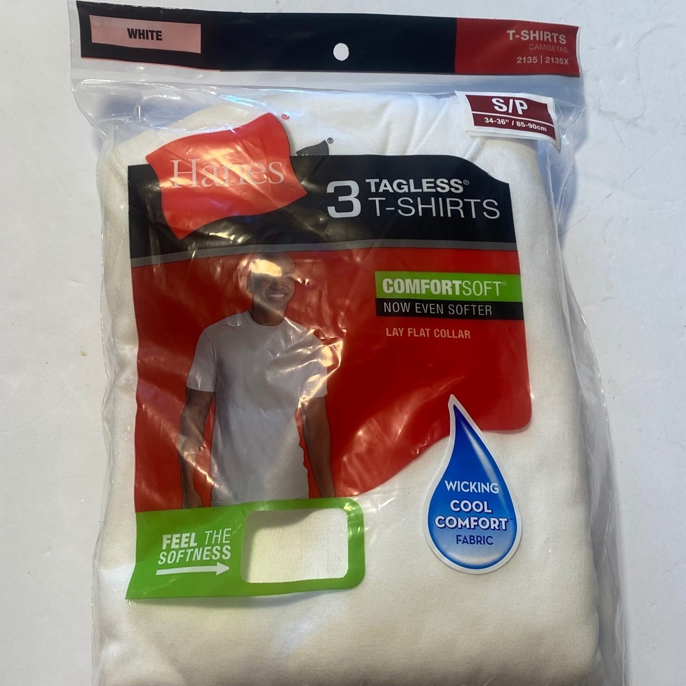 Hanes T-Shirts Mens Small White New 3-Pack Tagless ComfortSoft Crew Undershirts